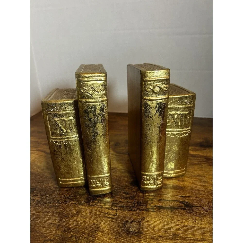 Vintage Gold Bookends Faux Books Roman Numeral Library Shelf Decor Set Pair of 2